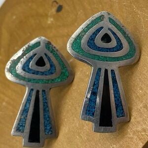 Vtg 925 Sterling Green, Blue Turquoise malachite Chip Signed Earrings TT pierced